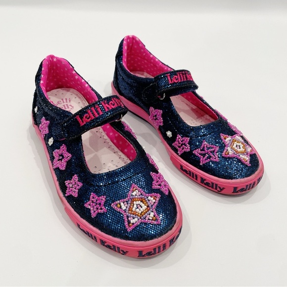 Lelli Kelly blue and pink beaded glitzy Velcro sneaker shoes starts 12 girl - Picture 1 of 8